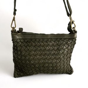 Amely Green Woven Leather Handbag – Compact Crossbody Bag with Zipper