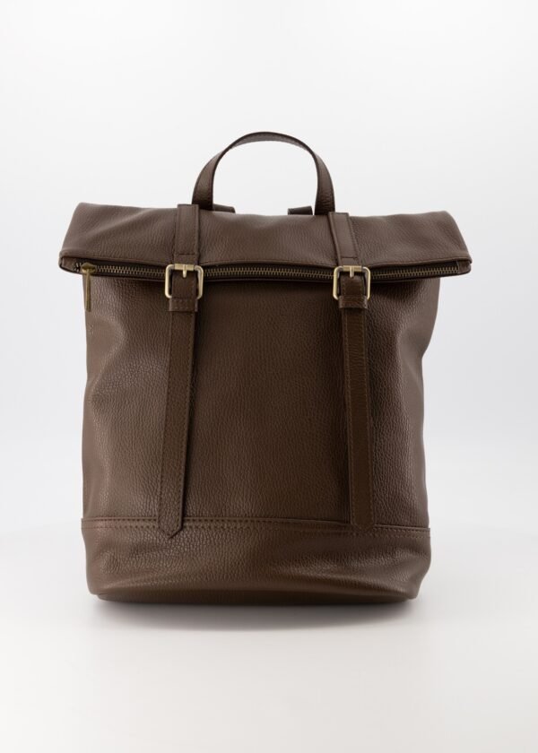 Aria dark brown leather backpack with adjustable straps and bronze hardware
