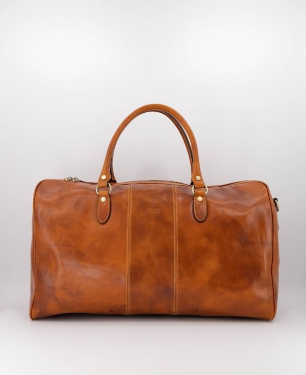 LA leather travel bag in cognac – Italian weekend bag with adjustable strap and bronze hardware