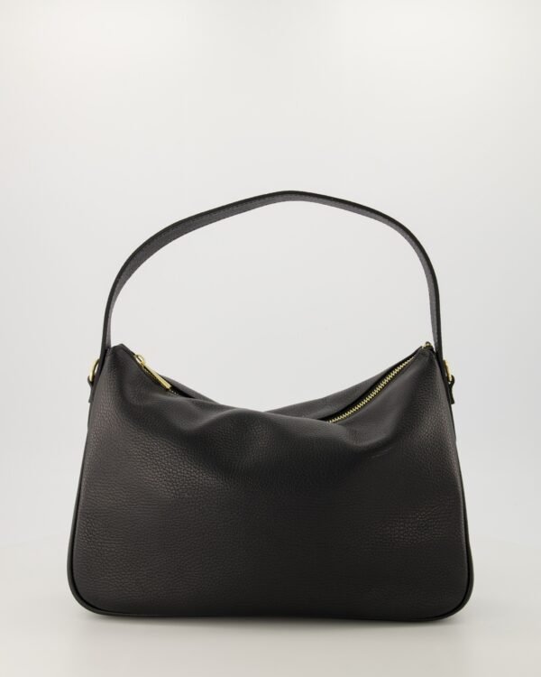 Sona Classic Grain Black Leather Shoulder Bag with Gold Hardware
