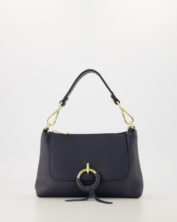 Maria Dark Blue Classic Grain Leather Handbag with Gold Hardware