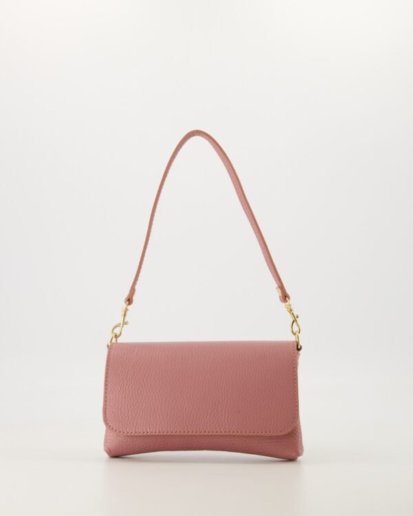 Emer Classic Grain Leather Clutch in Pink with Gold Hardware
